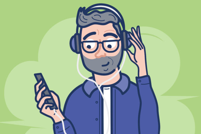 Illustration of a man wearing headphones connected to their mobile phone.