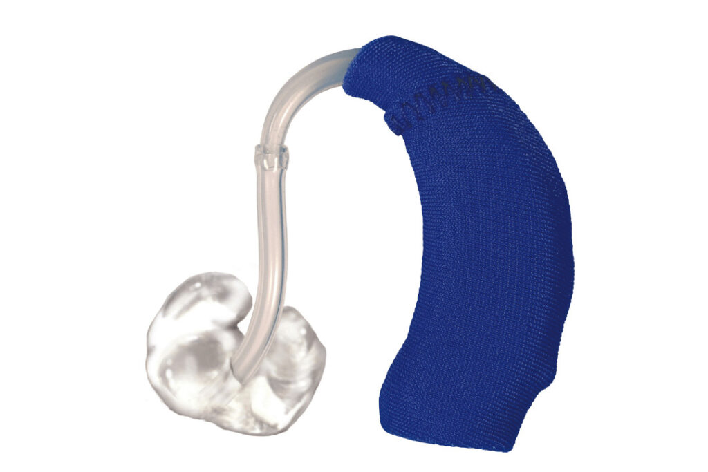 A hearing aid cover made of blue material