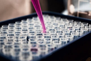A pipette putting liquid into test tubes.