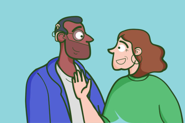 An illustration of two people speaking. One wears a cochlear implant.