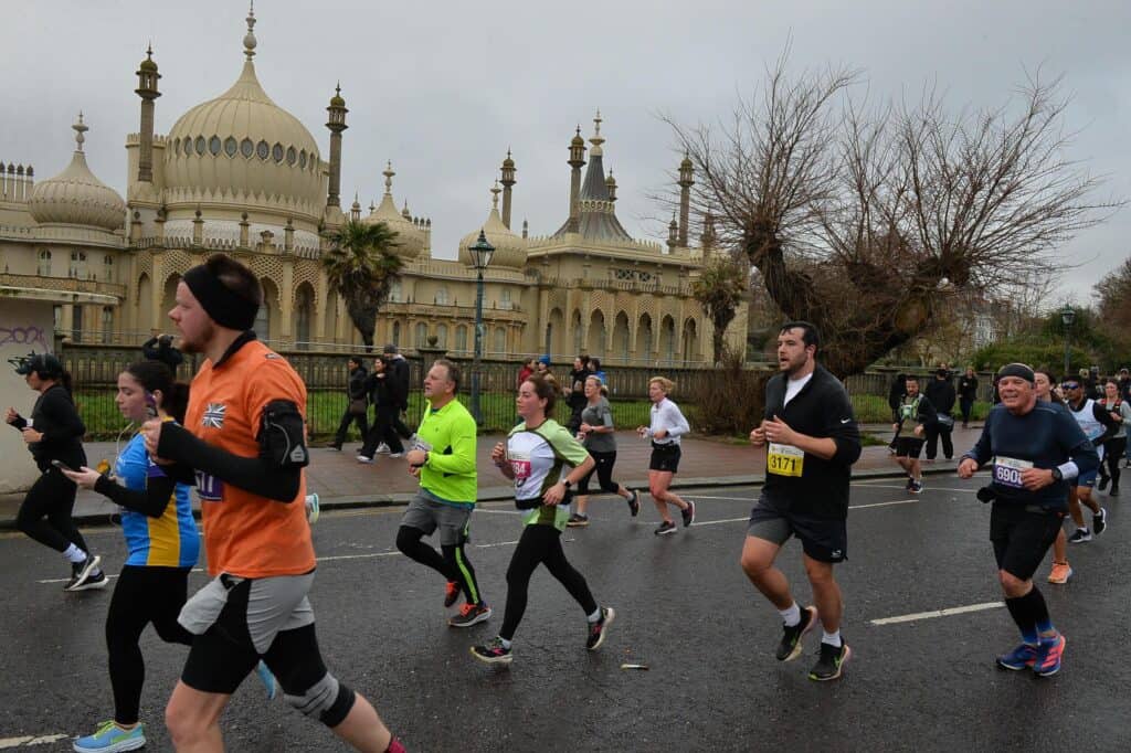 Runners during Bright Half Marathon as they pass Brighton's Royal Pavilion. 