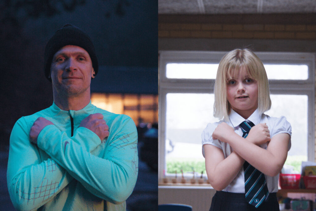 Two images side by side, on the left is a man wearing sportswear, on the right a young child in school uniform. Both are smiling and crossing their arms over their chest.