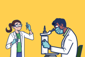 An illustration of two researchers in white lab coats. The woman on the left wears goggles and holds a test tube. The man on the right wears a face mask and is looking into a microscope.