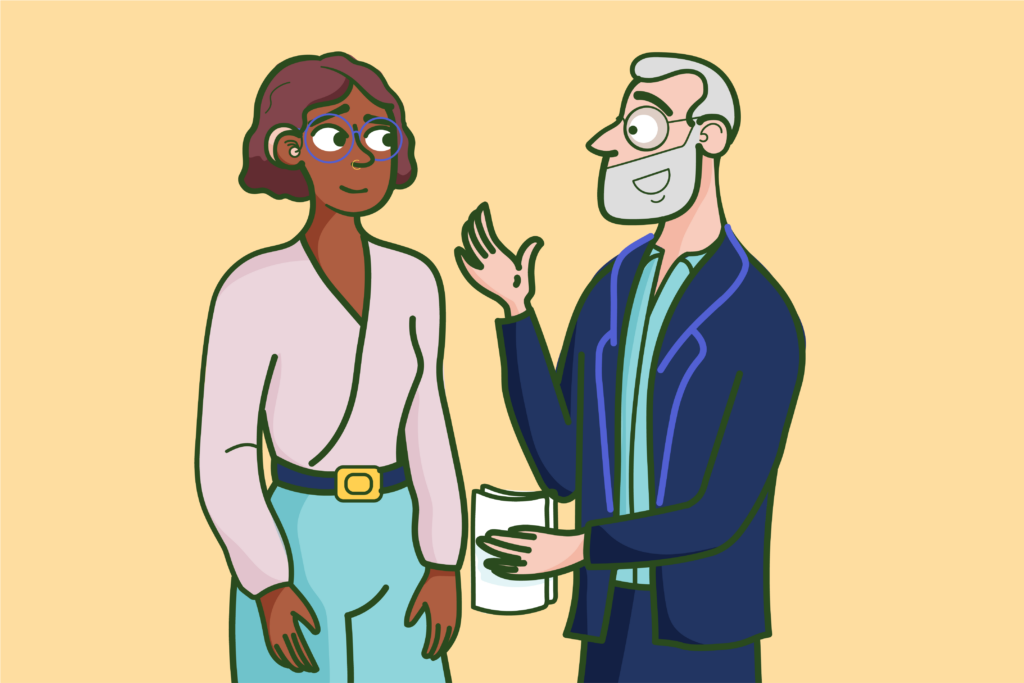 An illustration of a parliamentary representative speaking with a constituent, who wears a hearing aid.