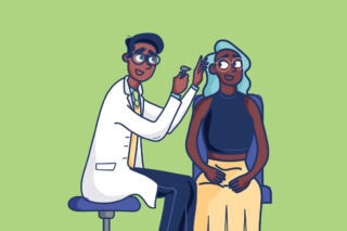 An illustration of an audiologist sitting on a stool and looking into a woman's ear.