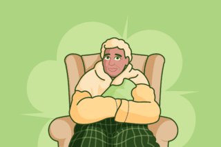An illustration of a man seated in an armchair in a blanket with a hot water bottle.