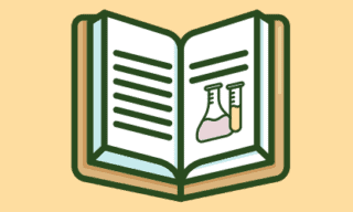 An illustration of an open book, showing lines of text and an image of a test tube.
