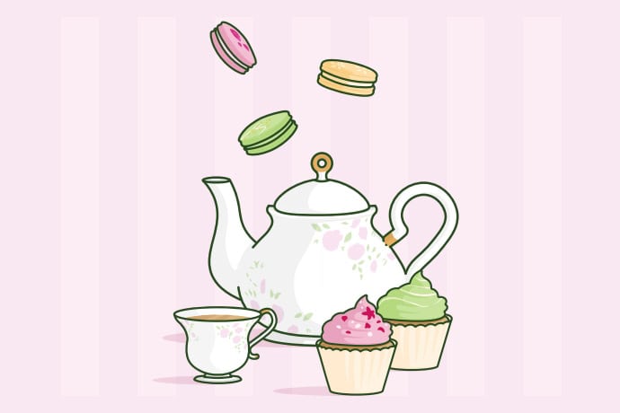 Illustration of a tea pot, cup, two cup cakes and some macaroons