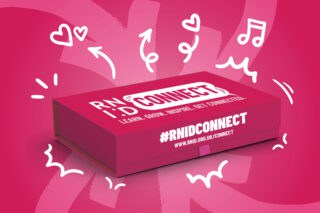 Image of a pink box that says "RNID Connect: Learn, Grow, Inspire, Get Connected". Illustrated hearts and arrows and music icons surround it