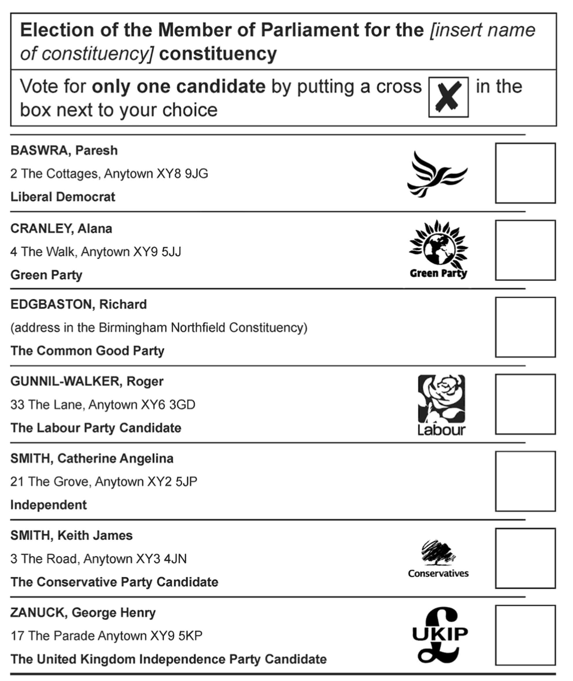 Example of an election ballot paper listing seven candidates from seven political parties vertically. To the right of each candidate's name is a checkbox. Guidance describes how to mark an 'X' into the checkbox of only one candidate to cast your vote.