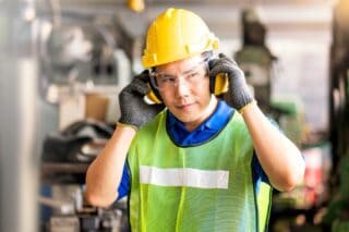 A person wearing protective, high vis clothing and ear protectors.